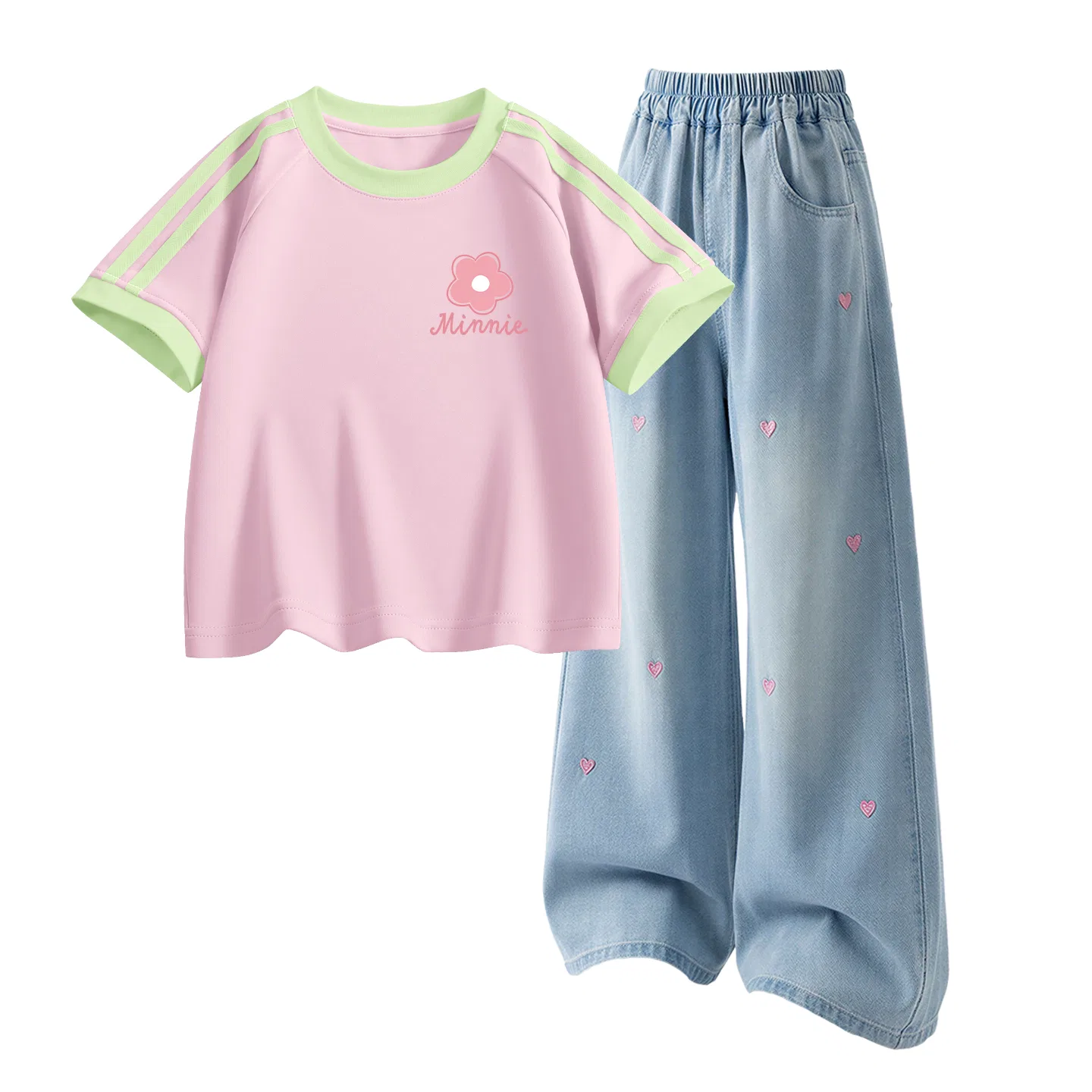 Детская повседневная спортивная футболка с круглым вырезом Disney, Di Smiling Nude Mousse Pink+Solid Color Denim Light Blue — фото 4