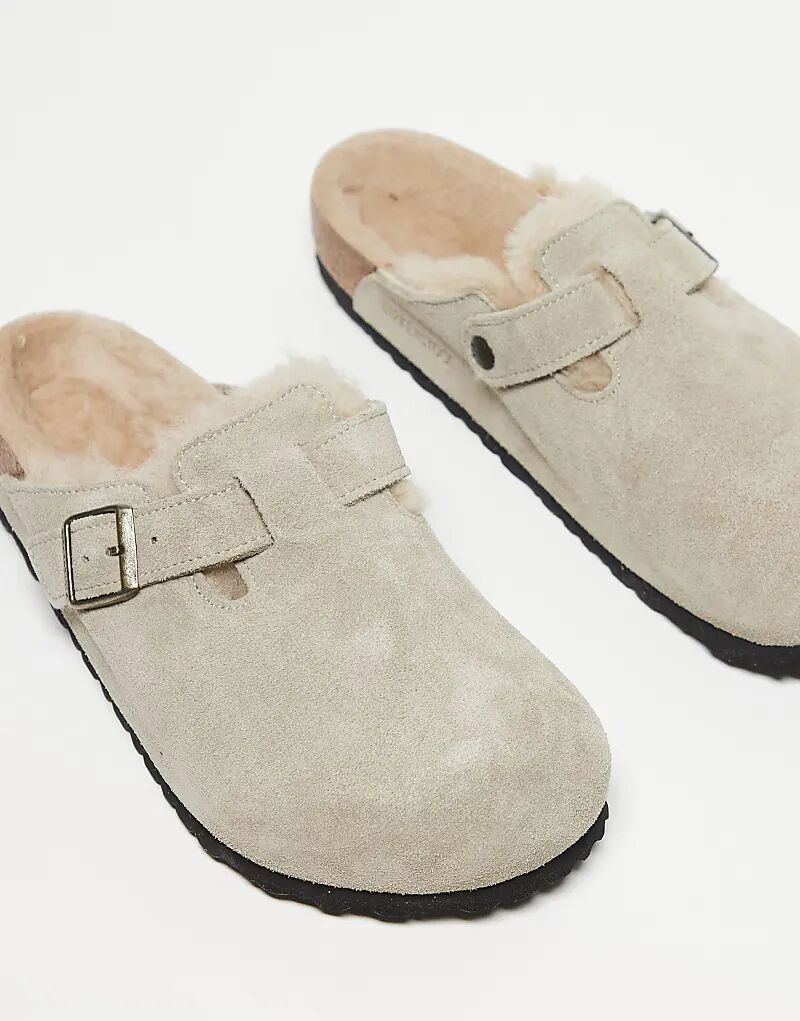 Сабо Birkenstock Unisex Boston с подкладкой из овчины, серо-коричневая замша — фото 3