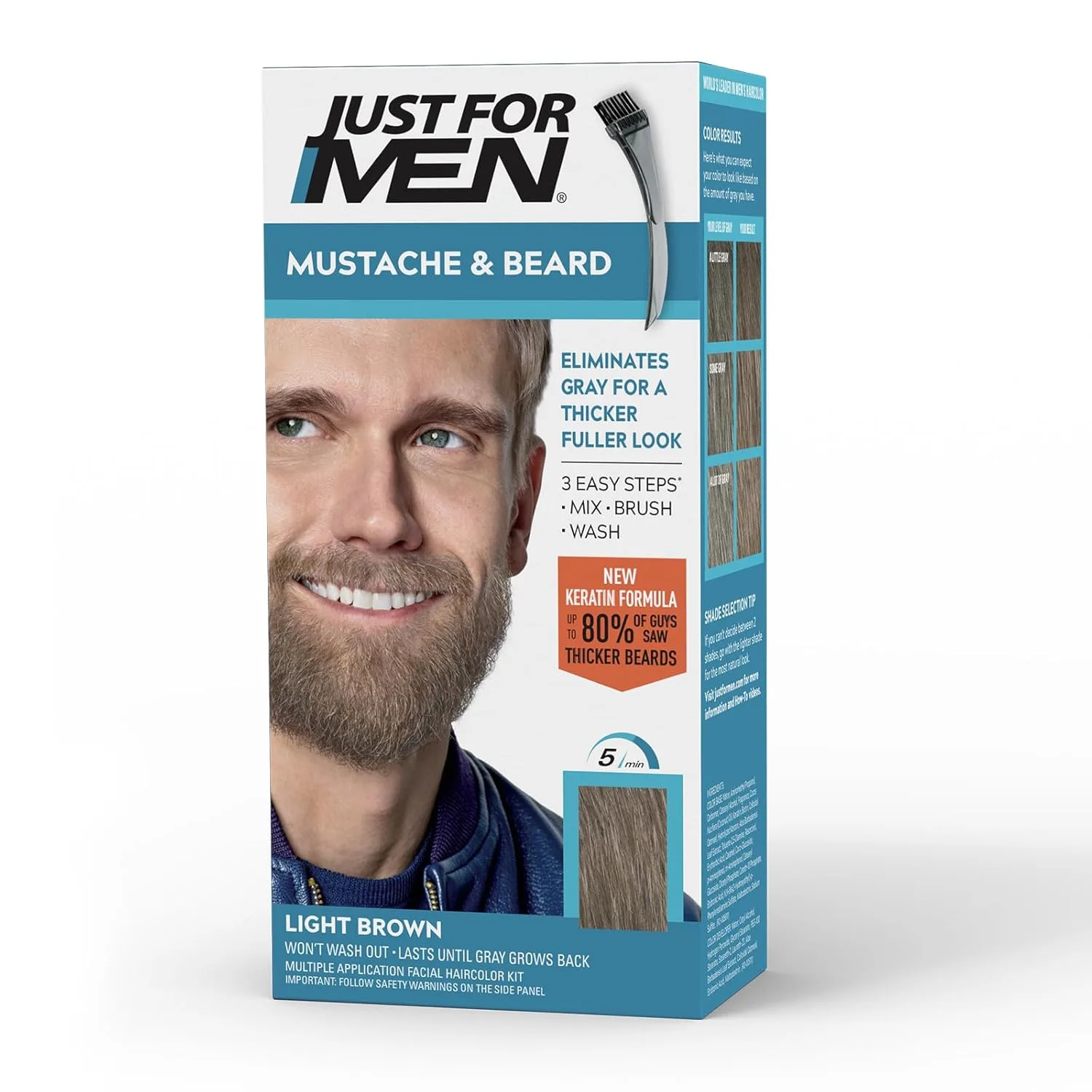 Just For Men Mustache & Beard, краска для бороды и усов с кистью, с кератином, биотином, алоэ и кокосовым маслом для здоровой растительности - Light Brown, M-25, 1 шт 1 штука (1 шт.), Light Brown M-25