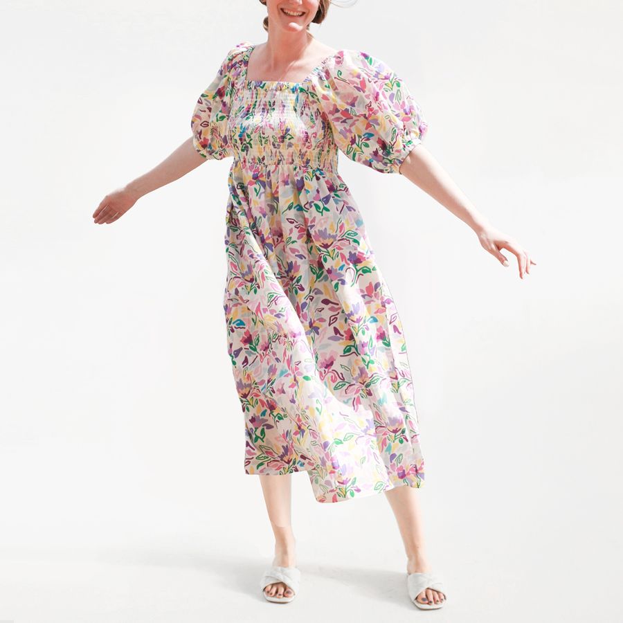 

Платье из хлопка и шелка с вышивкой Фиолетовый сад Jessie Zhao New York, White, purple, green, pink