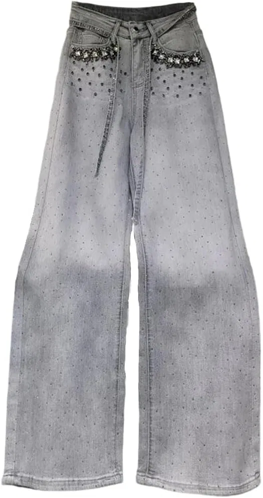 Джинсы деним Grey, Women High Waist Straight Jeans Heavy Spliced Diamond Design Vintage Denim Pants Summer Casual Chic