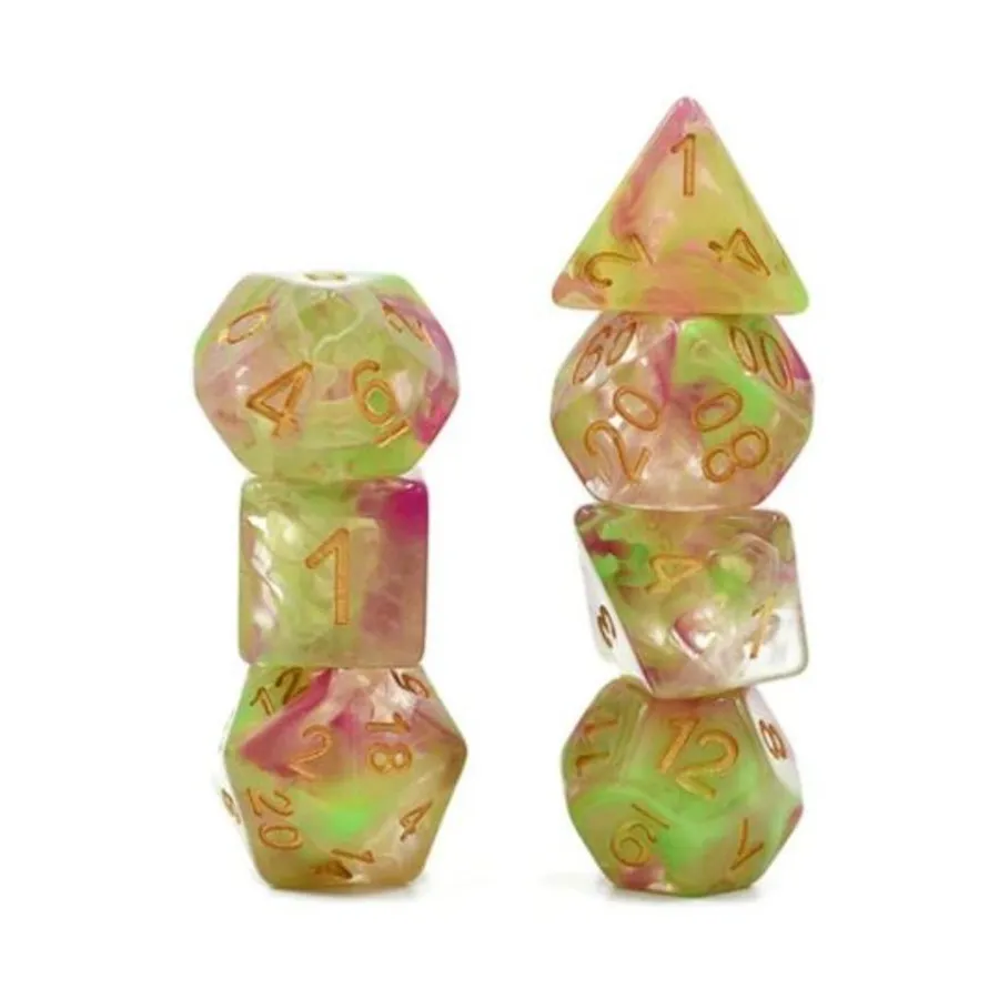 

Набор Poly — зеленый и розово-красный с золотом (7), Dice Sets - Resin/Acrylic - Rainbow & Multi-Colored (Foam Brain Games)