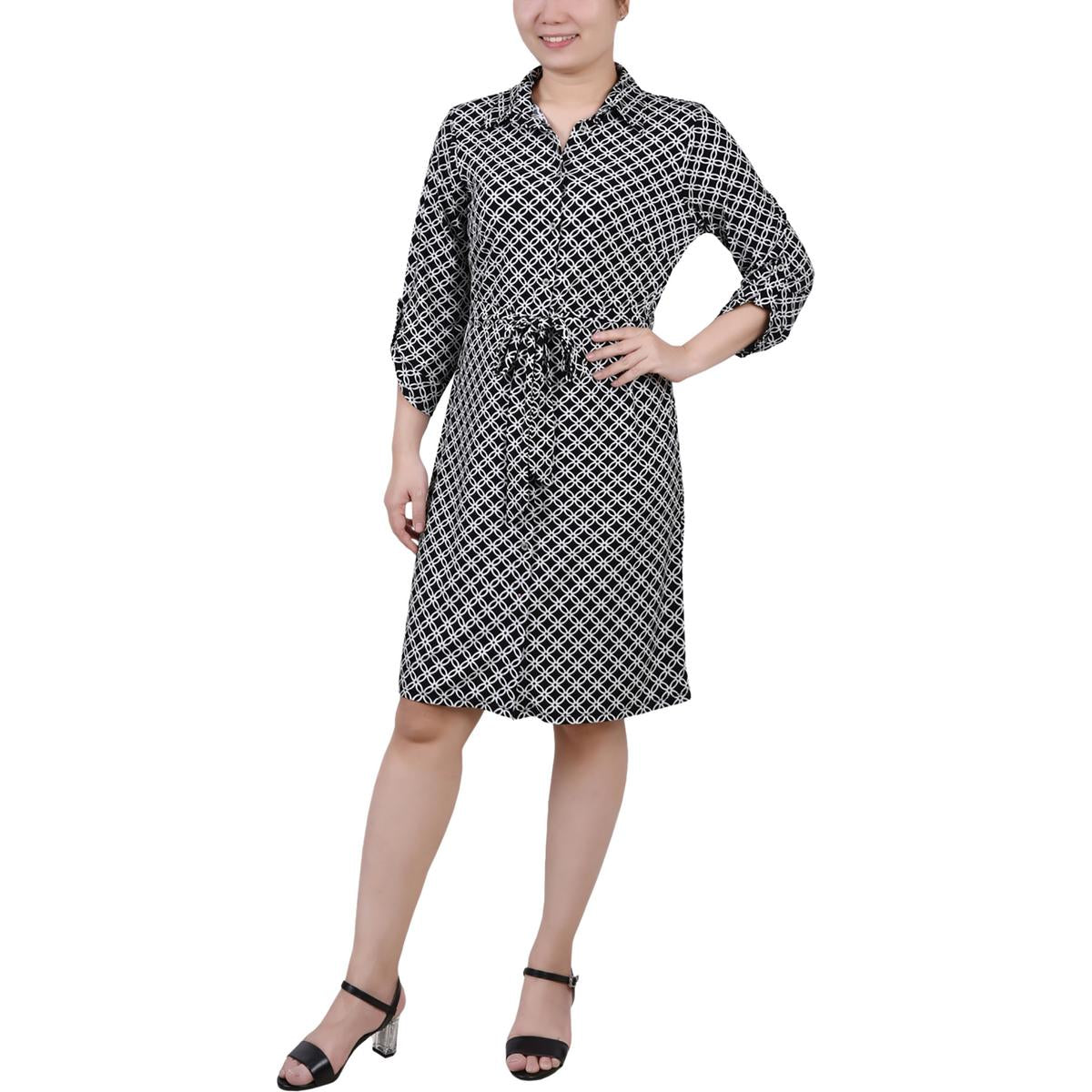 

Платье-рубашка Petites Womens с принтом выше колена NY Collection, черный/белый