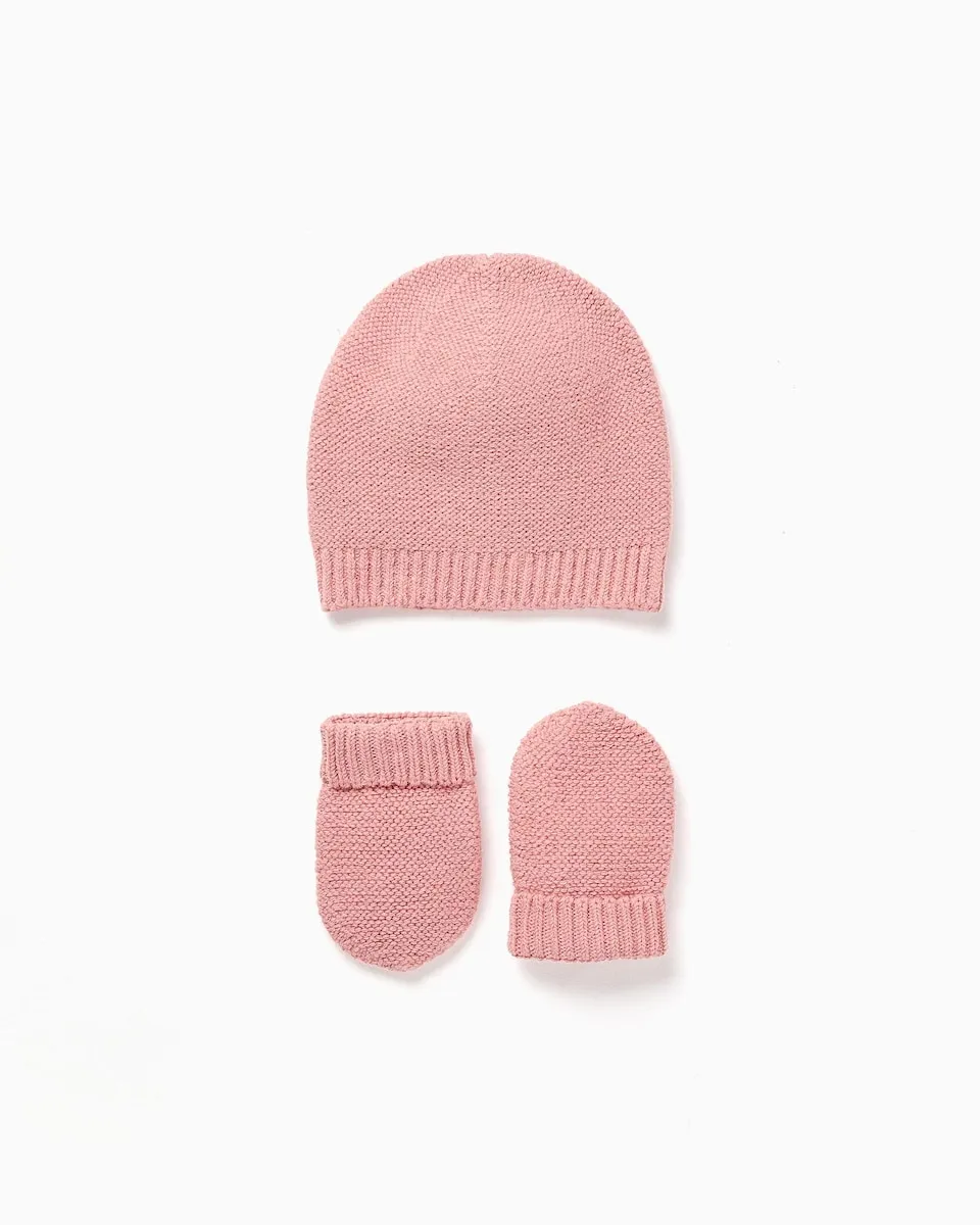

Комплект для девочки: вязаная шапочка и варежки с ребристыми краями Zippy, розовый