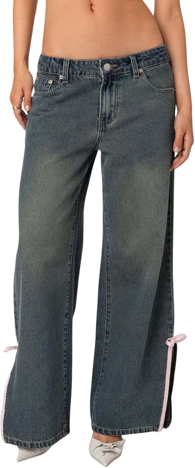 

CHARTOU Women Y2k джинсы с разрезами по бокам и бантом