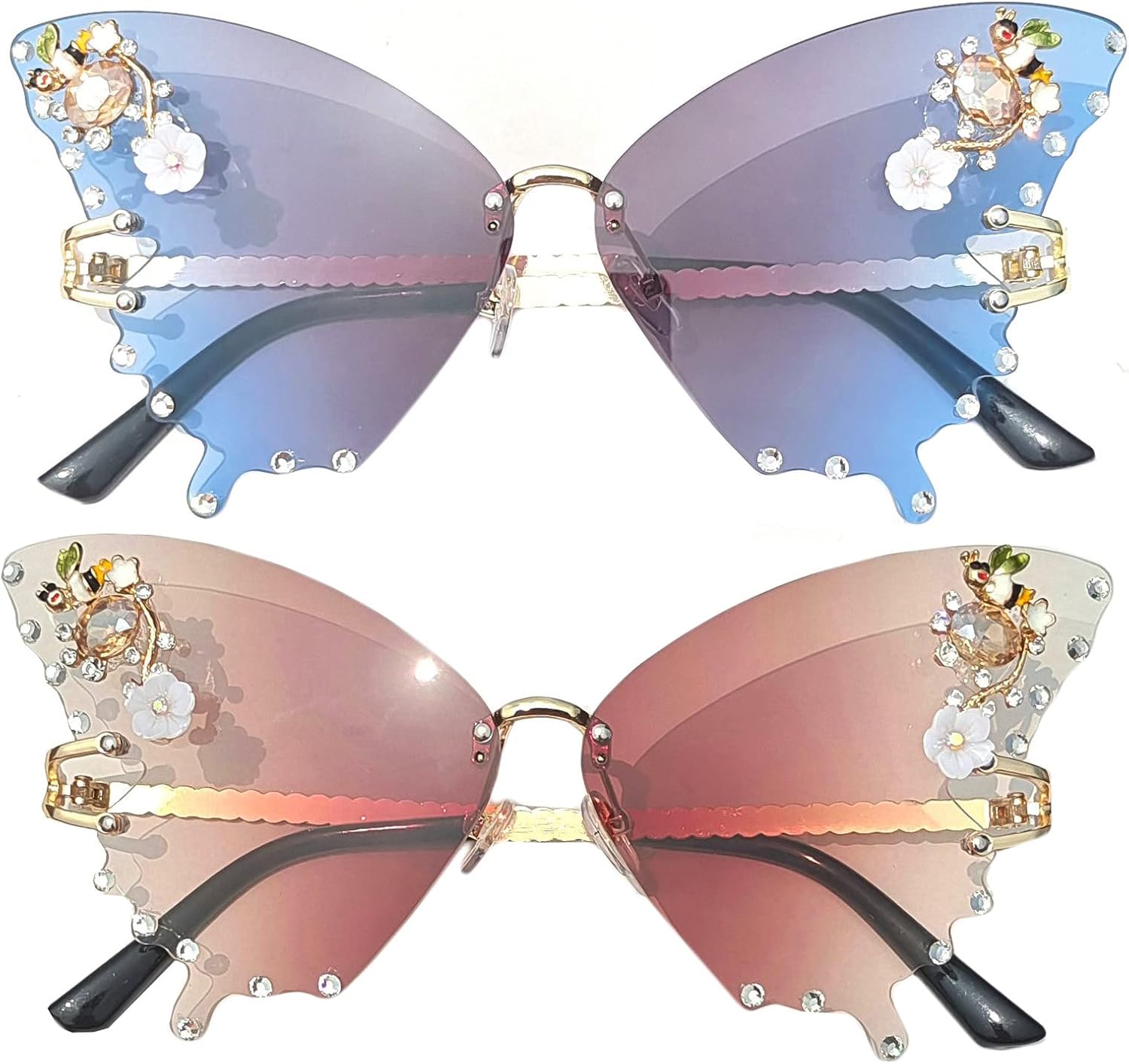 

Солнцезащитные очки Willochra для женщин в форме бабочки и кошачьего глаза - модные блестящие очки с многоугольными розовыми стразами и бриллиантовой отделкой, 2pcs-brown&gary