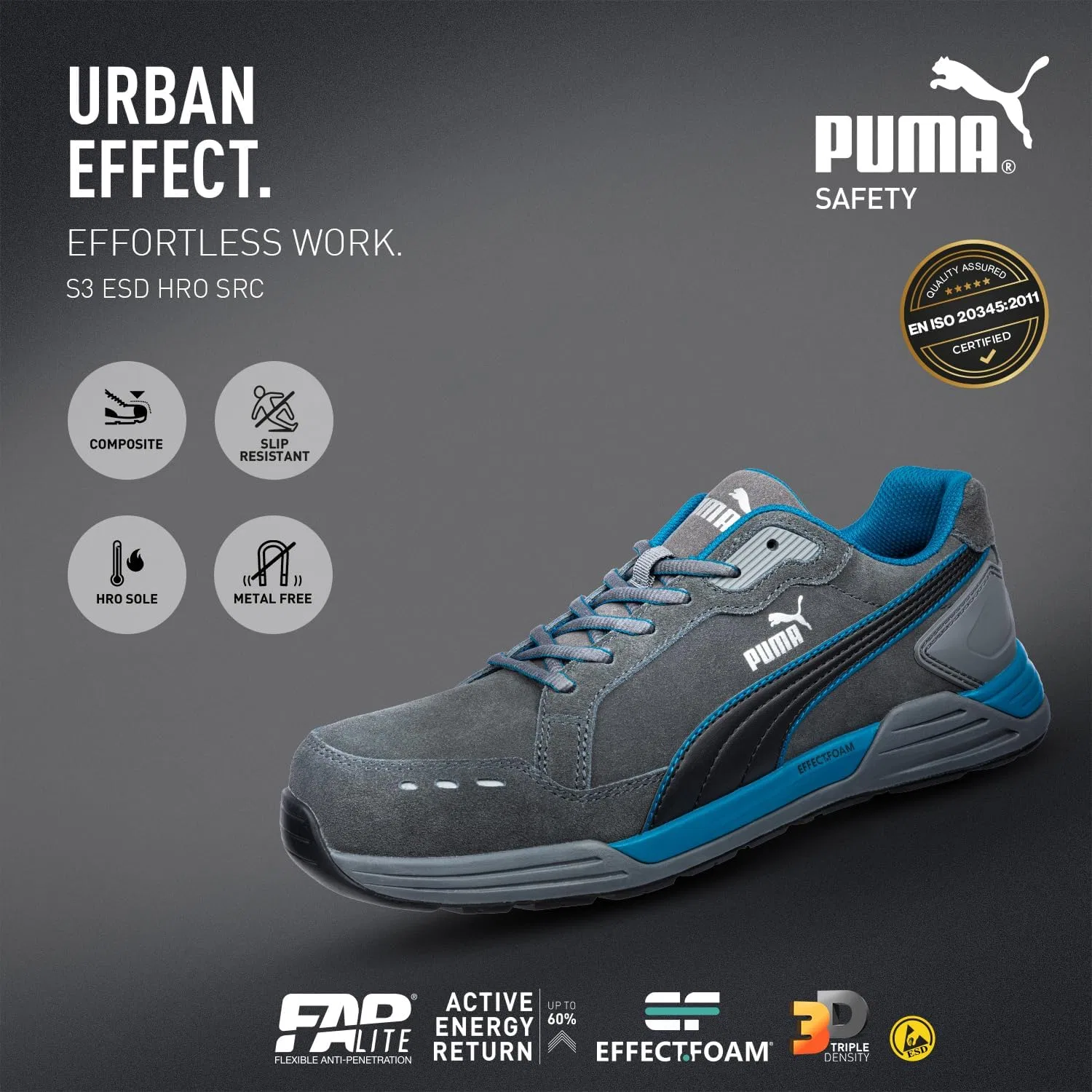 Рабочие низкие мужские ботинки Puma Safety Airtwist, защитная обувь, S3 ESD HRO SRC, защитный колпачок из стекловолокна, защита от проникновения, нескользящая подошва, термостойкие, без металлических вставок, Gray — фото 2