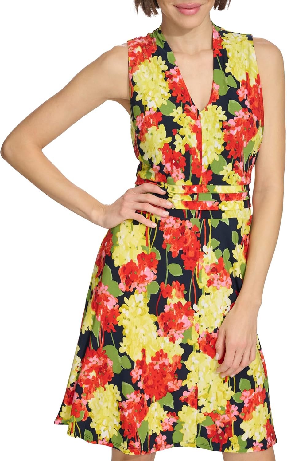 

Женское мини-платье без рукавов с V-образным вырезом Tommy Hilfiger, облегающее и расклешенное, Sky Captain Multi