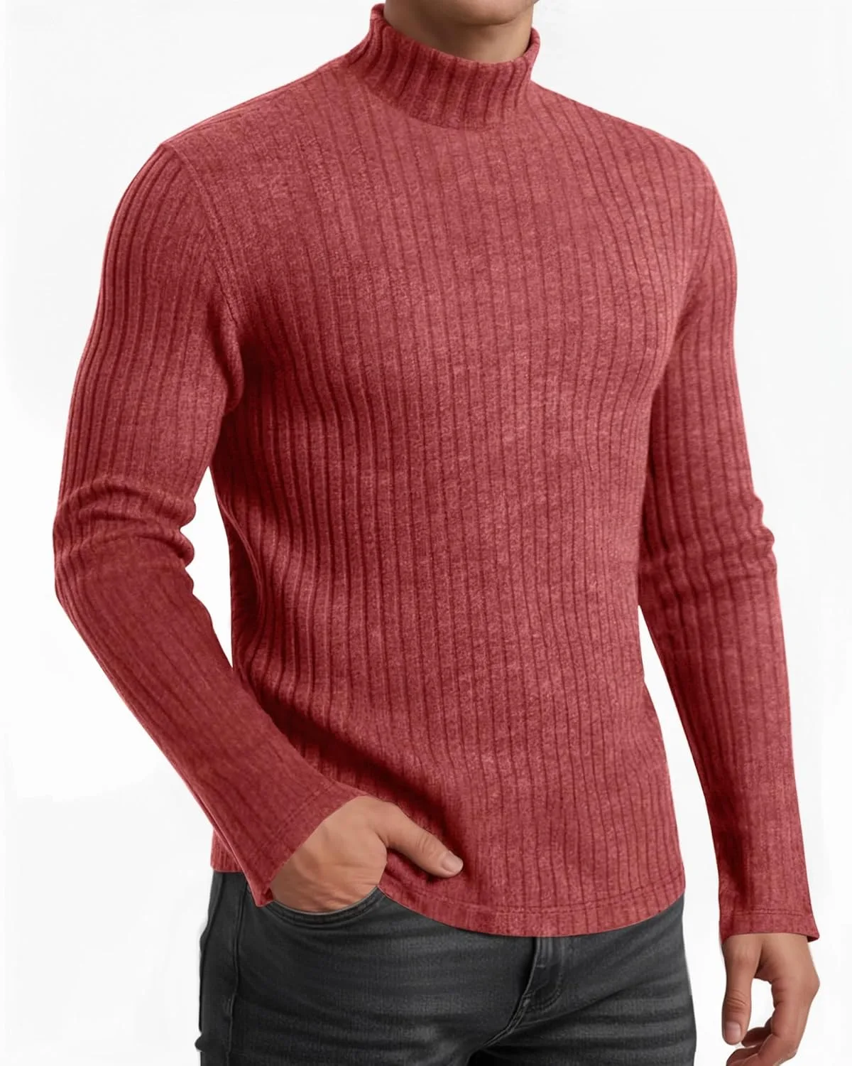 Мужской водолазка с длинным рукавом, теплая повседневная в рубчик, Slim Fit — фото 3