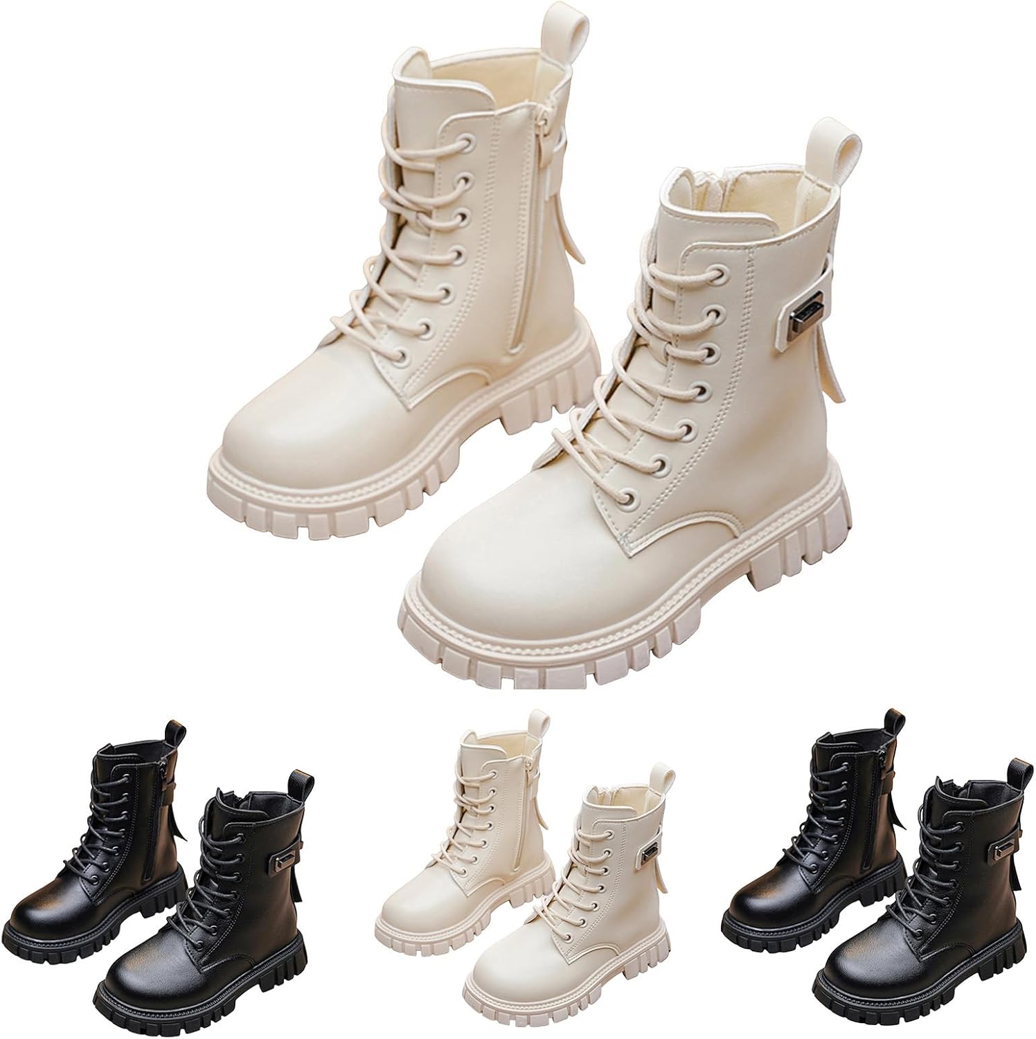 

Generic Детские ботинки на щиколотку для девочек, белые ботинки с шнуровкой, короткие боевые, из искусственной кожи PU, с боковой молнией, в стиле панк-гот, водонепроницаемые, модные, с противоскользящей подошвой, ковбойские, модные челси