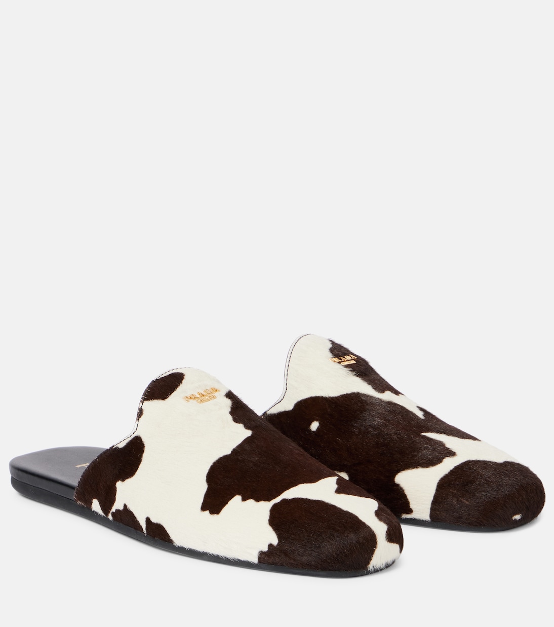 Принтованные мюли из телячьей шерсти Prada, Bianco/Moro