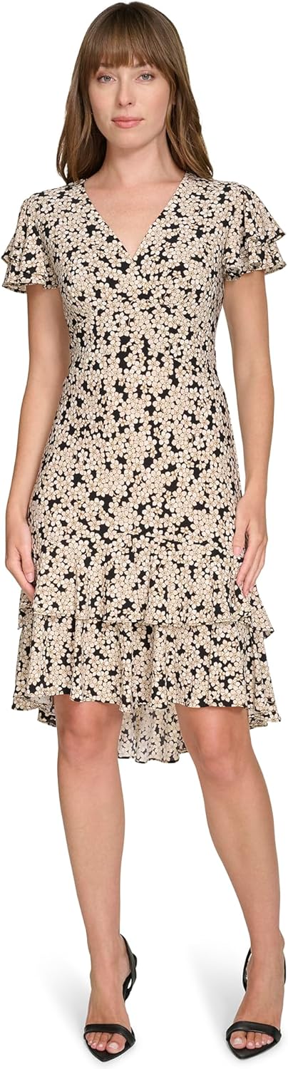 

Женское шифоновое мини-платье Tommy Hilfiger с рукавами-крылышками, V-образным вырезом и оборками, Cream/Black Multi