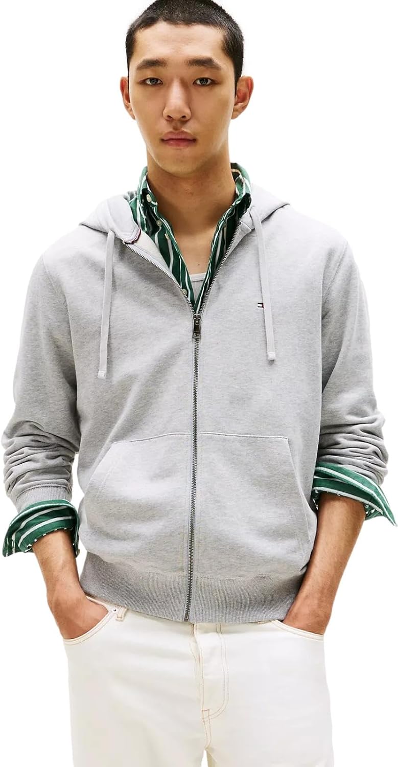 Мужская толстовка с капюшоном на молнии TOMMY HILFIGER Signature из флиса, коллекция 2025 года, Grey Heather. — фото 2