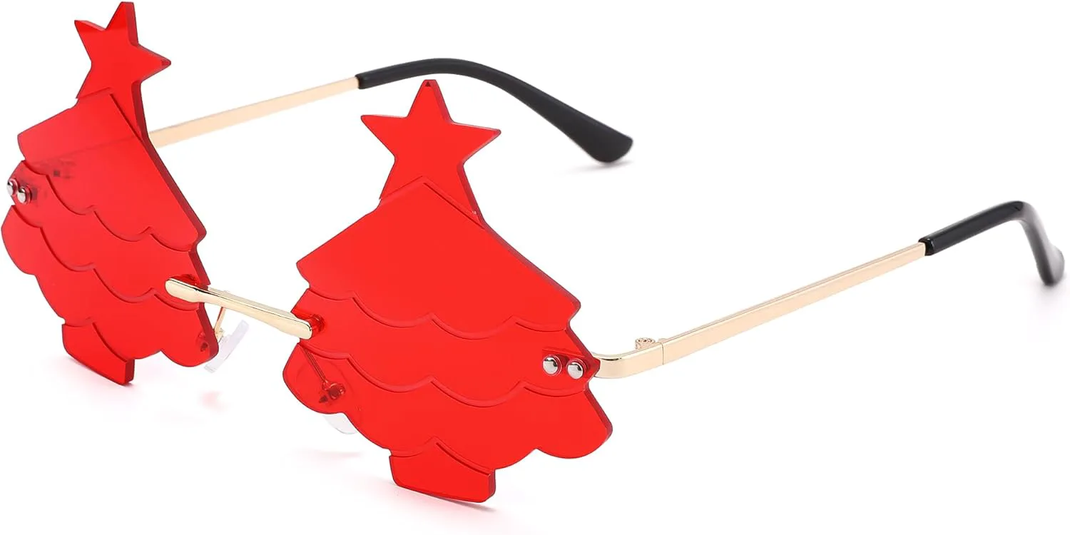 

Солнцезащитные очки Bouryo в форме рождественской елки для женщин и мужчин, без оправы, для рейв-вечеринок и рождественских вечеринок, A3 Gold Frame/Red Lenes