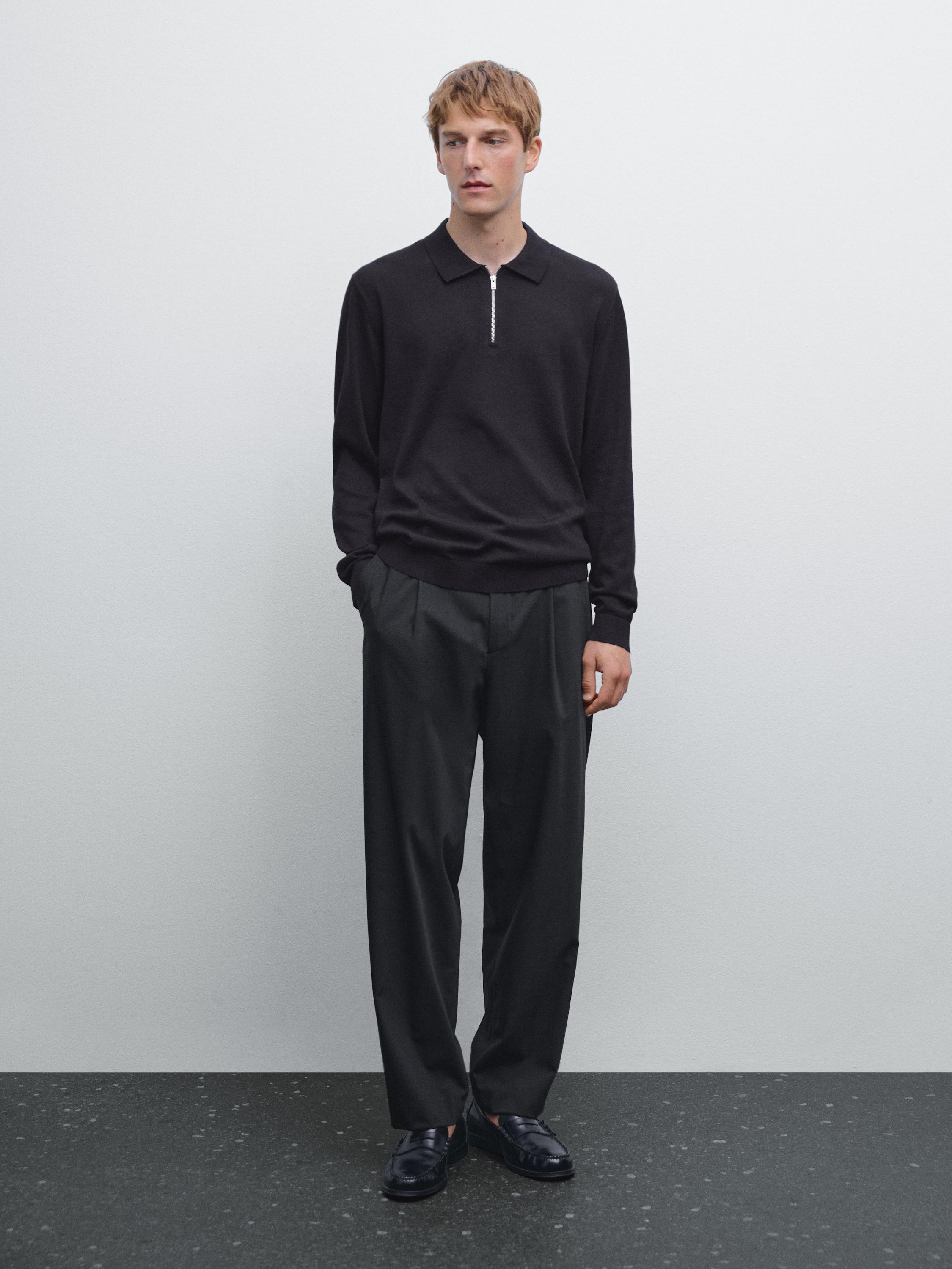 

Вязаный свитер-поло с застежкой-молнией Massimo Dutti, темно-синий