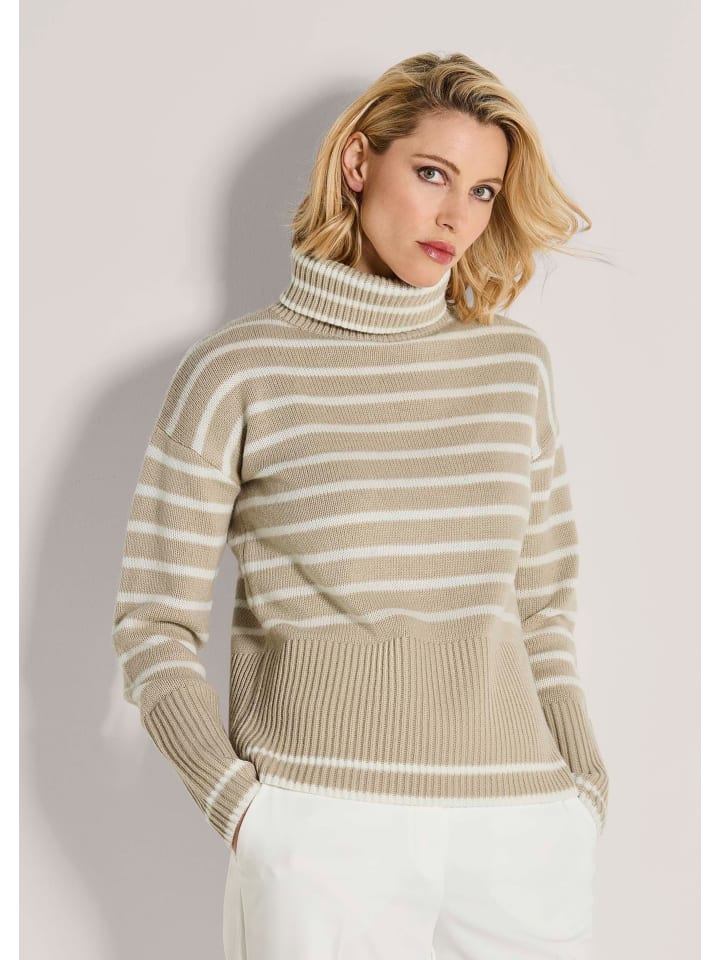 

MADELEINE Современный полосатый свитер с высоким воротником бежевого/светло-белого цвета