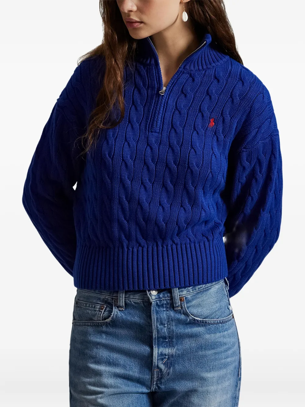 Трикотажный свитер с косами и молнией на четверть Polo Ralph Lauren, синий — фото 3