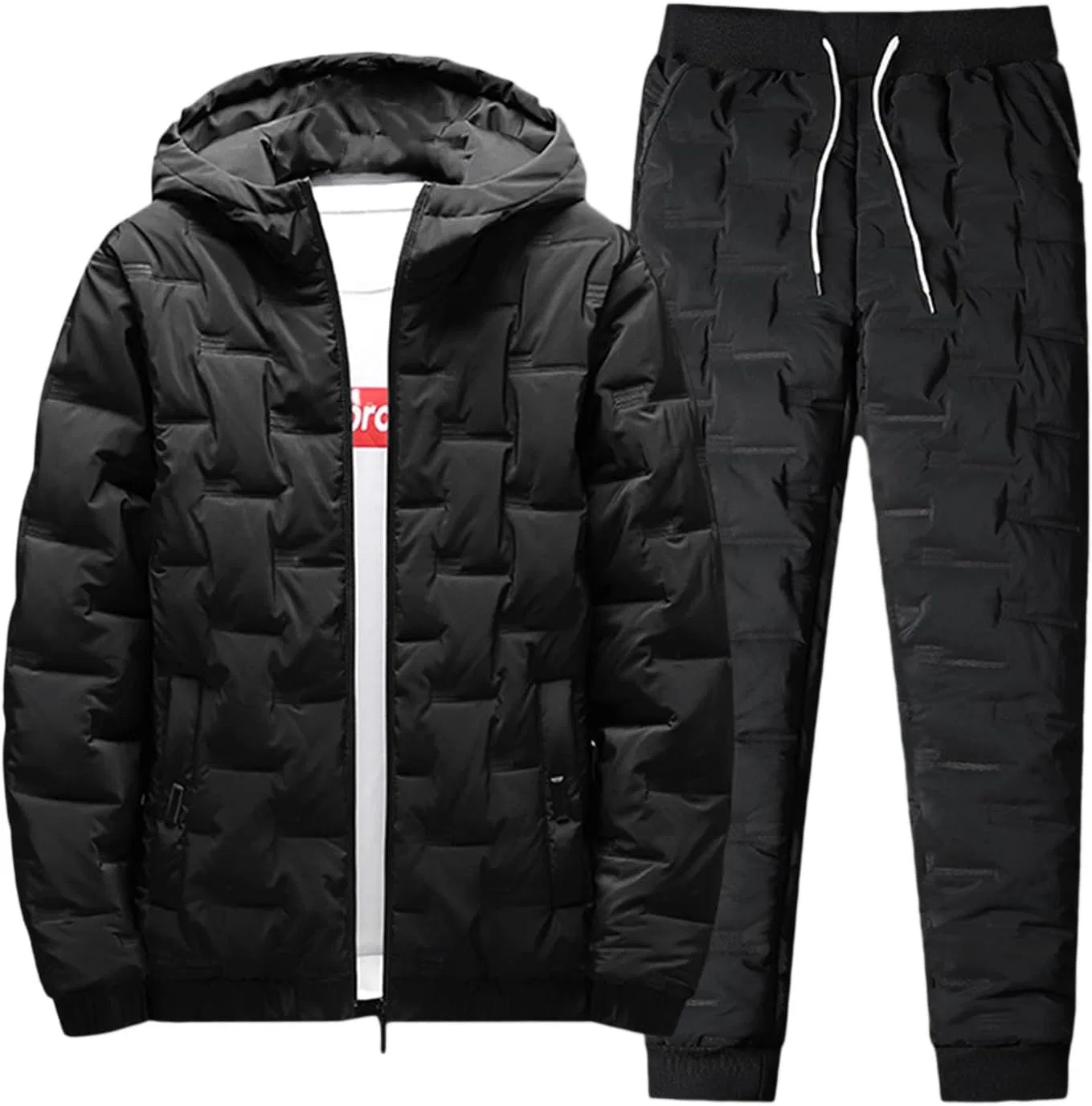 Мужская зимняя пуховая куртка с капюшоном, плотная куртка на молнии, мужские зимние теплые флисовые брюки, спортивные брюки для зимней погоды, комплект из двух предметов