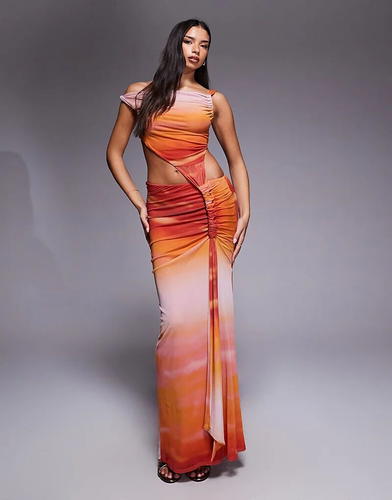 

Платье макси ASOS DESIGN из искусственной сетки с перекрученными плечами и перекрученным поясом, с оранжевым принтом