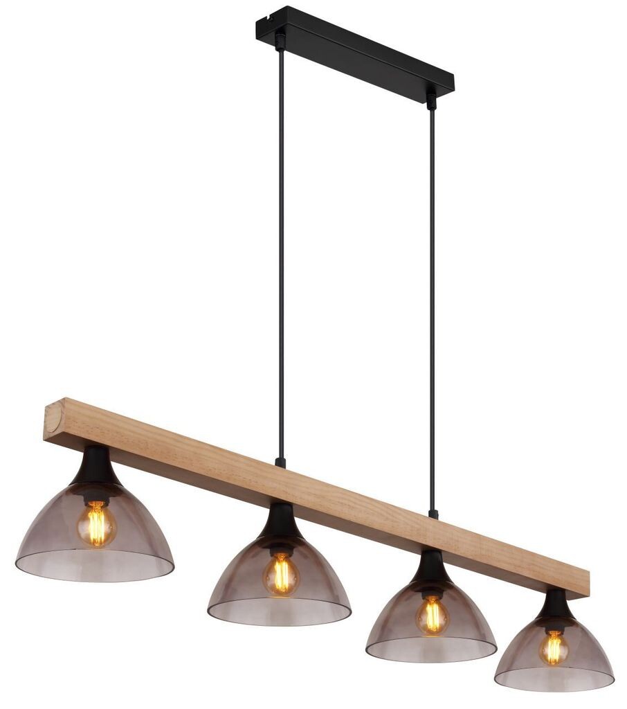 

Подвесной светильник Globo Lighting металлический черный матовый, цвет натурального дерева, дымчатое стекло, кабель ПВХ черный, регулируется по высоте, ДхШхВ: 960x170x1500 мм, без 4x E14 15Вт 230В.