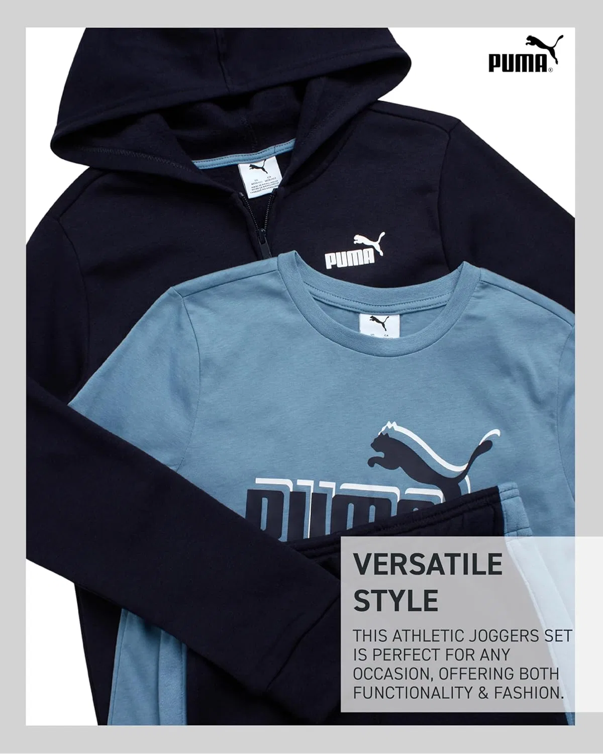 Детский спортивный костюм PUMA, 3 предмета: худи, футболка и джоггеры, Light Blue/Navy — фото 3
