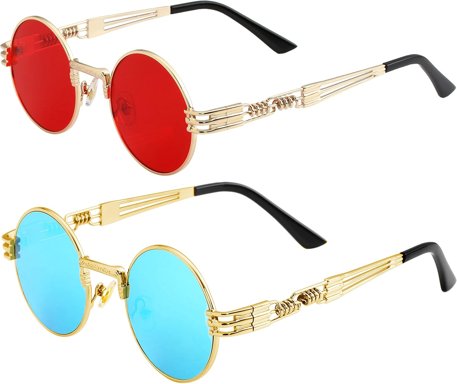

Круглые солнцезащитные очки Kursan для женщин и мужчин, в стиле хиппи, ретро, ​​с металлической оправой, защита от УФ-излучения UV 400, 2 Pack (Gold/Red + Gold/Blue Mirrored)