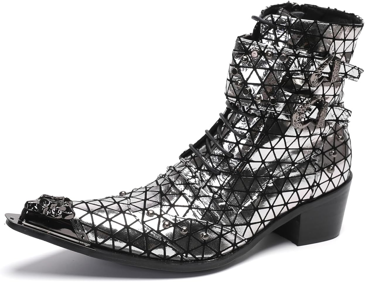 

Мужские повседневные вестерн-ботинки Santimon Mens - Средние ботинки из натуральной кожи с бусинами и металлическим носком «крыло» для выпускного, балла или дискотеки, Dark-silver