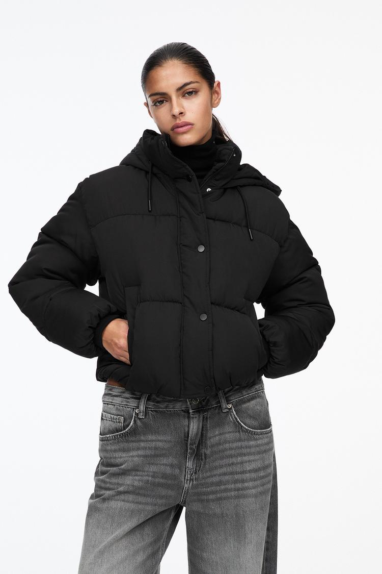 

Пуховик с капюшоном Pull And Bear, черный