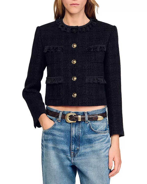 

Твидовый жакет с оборками Sandro, черный