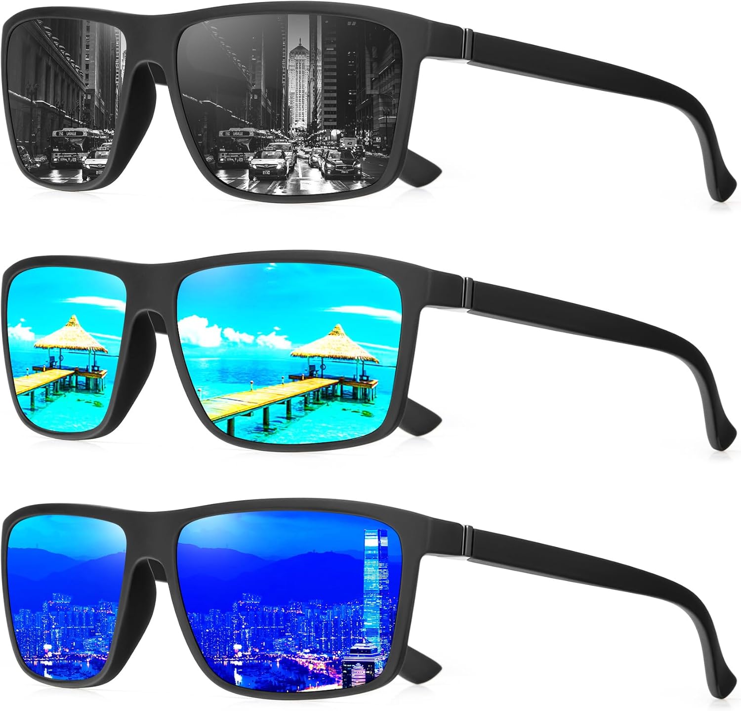 

Мужские поляризованные солнцезащитные очки NSSIW: классические солнцезащитные очки с защитой UV400 для вождения, рыбалки, гольфа, комплект из 3 штук, Balck+blue+dark Blue