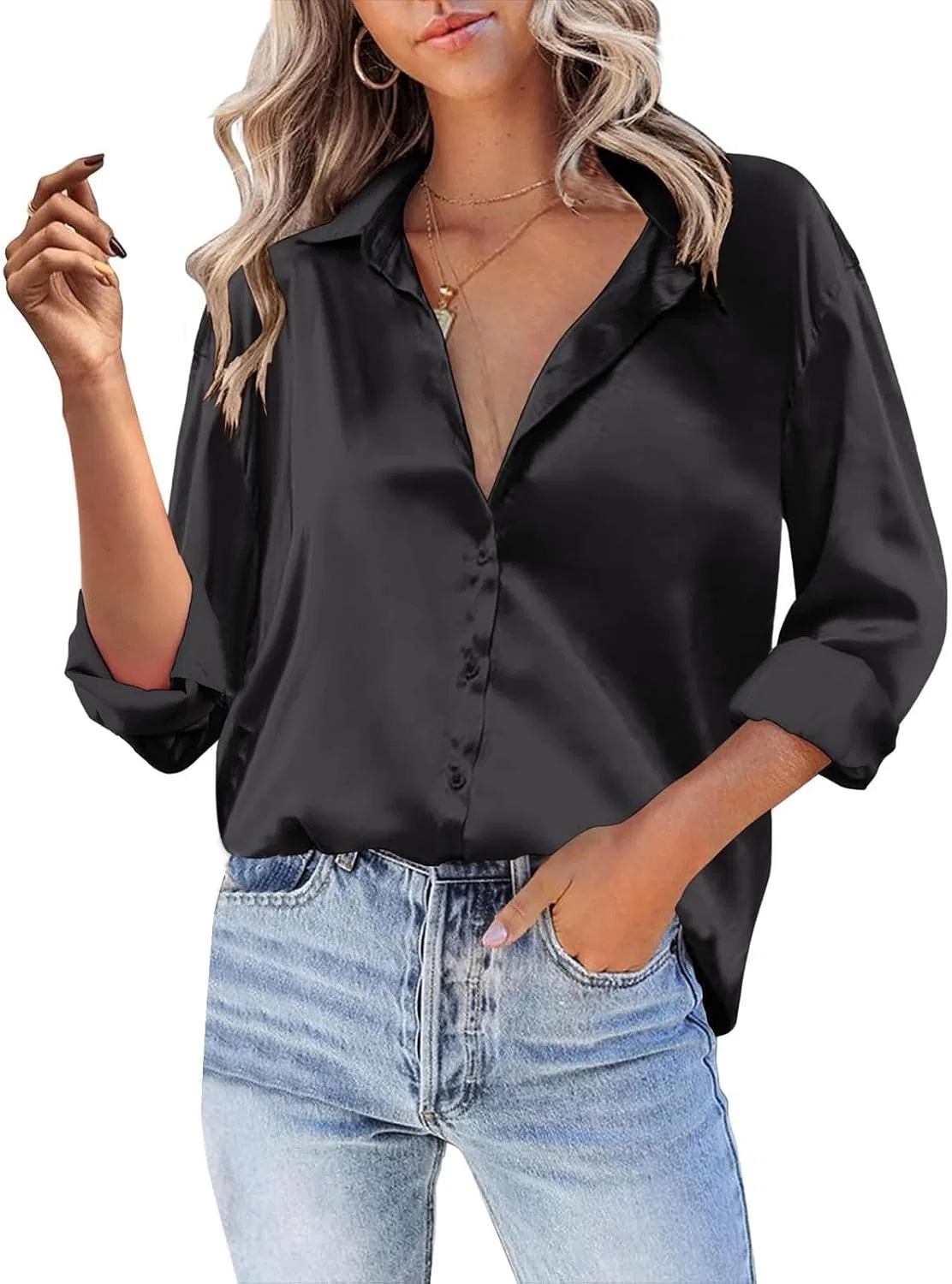 Блуза сатиновая на пуговицах, повседневная, длинный рукав, V-образный вырез, свободная, женская, черный — фото 4