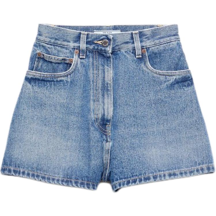 

Джинсовые шорты с высокой посадкой и накладными карманами PRADA, светло-голубой