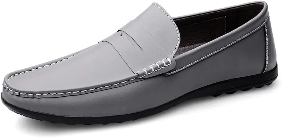 Лоферы кожаные Mens Loafers Penny Loafers Round Toe Simple Leather Anti-Slip Flexible Flat Heel Classic Slip-on, Серый SayfuR — фото 2
