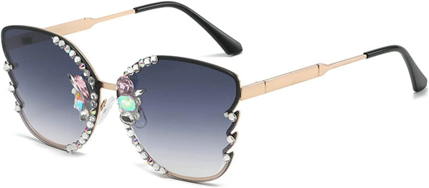 

Солнцезащитные очки Willochra без оправы с бриллиантами, женские, с кристаллами, в стиле «кошачий глаз», винтажные, сверкающие, для вечеринок, 2pcs-black&pink