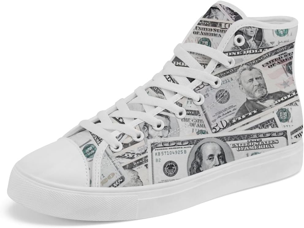 

Высокие кеды из холста с долларовым принтом для мужчин и женщин, высокие кроссовки на шнуровке, повседневная обувь, подарок для него и нее Chebing, 613 Gray