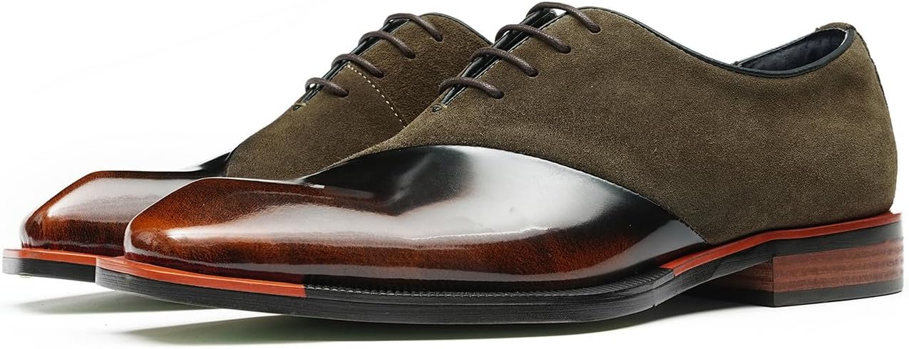 

Мужские туфли-оксфорды Santimon из двух видов кожи и замши - официальные, деловые, повседневные и свадебные - модные, удобные с резиновой подошвой против скольжения, хаки