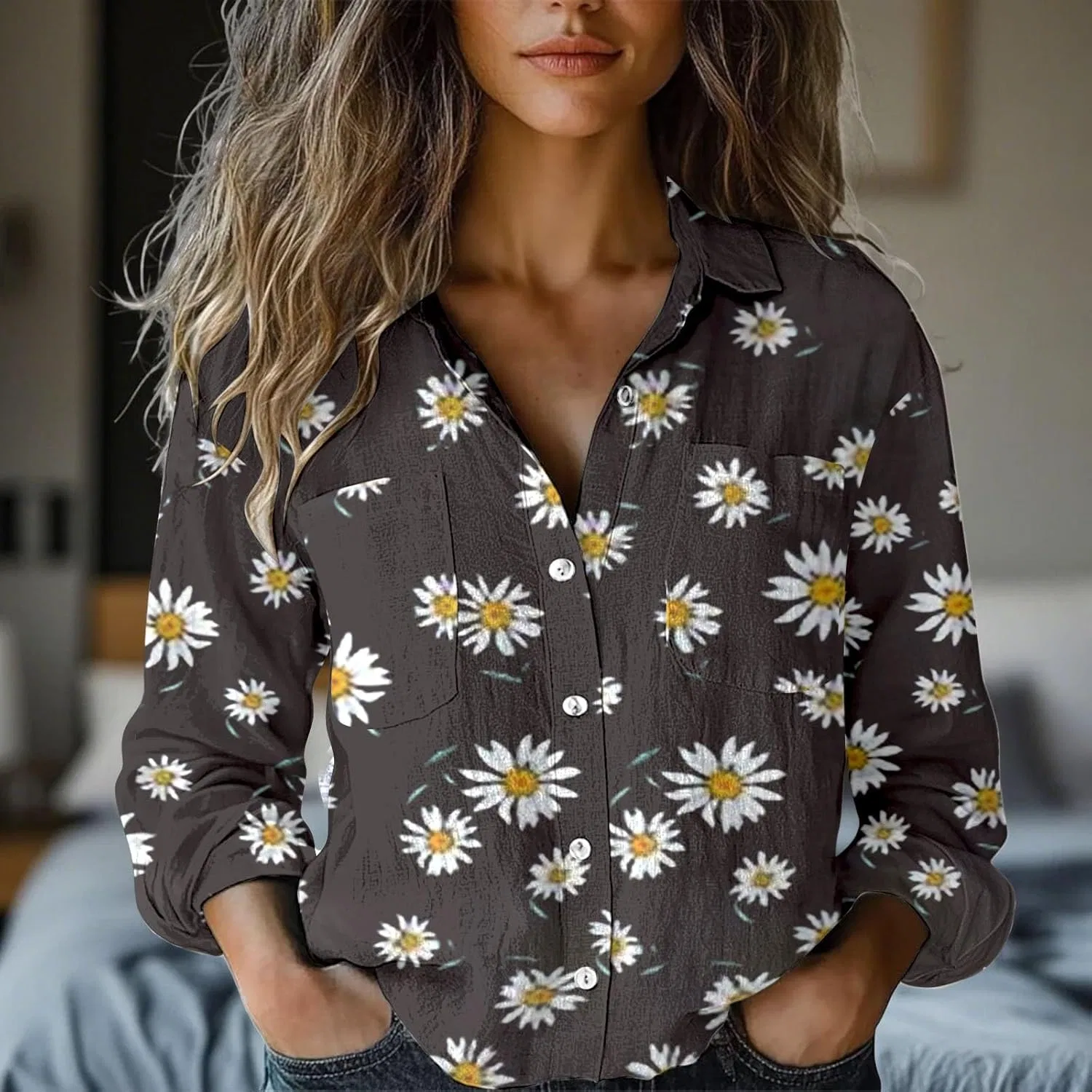 Блуза с цветочным принтом Women's Long Sleeve Printed Button Down Shirt, коричневый — фото 4