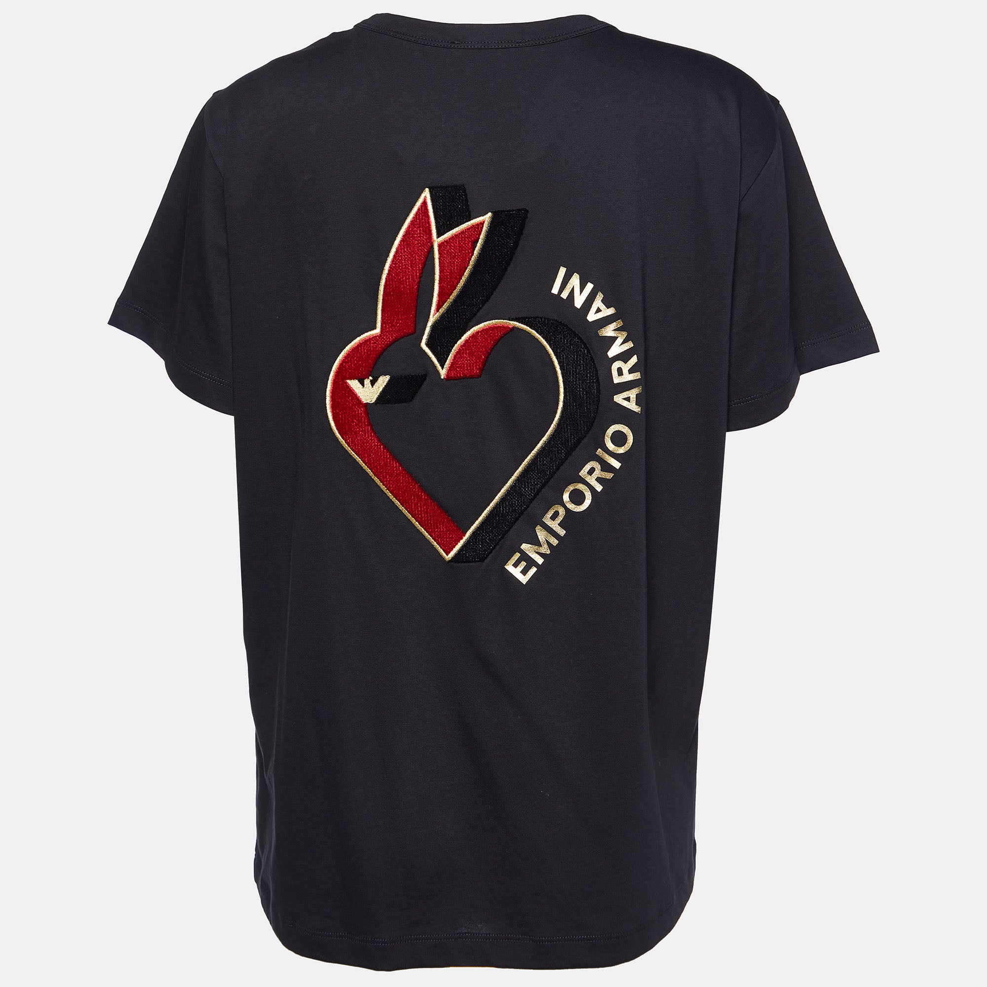 Черная велюровая трикотажная футболка Emporio Armani с узором из хлопка — фото 2