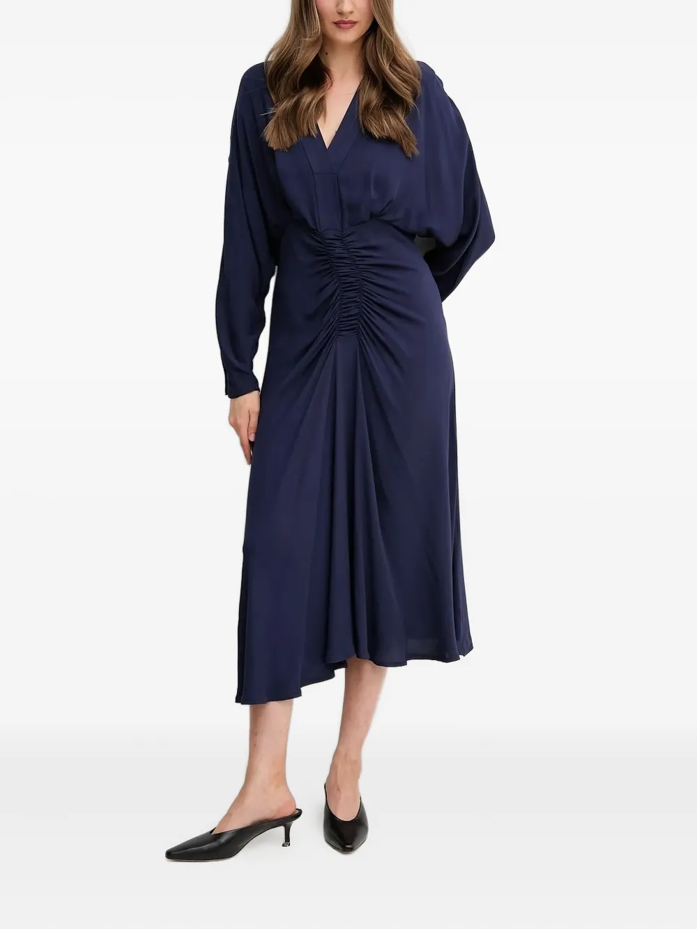 

Платье миди с V-образным вырезом и сборками Sandro Ferrone, синий