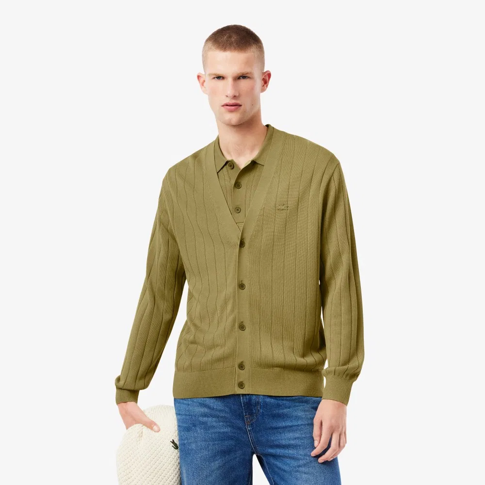 Мужской хлопковый кардиган в рубчик хаки от Lacoste