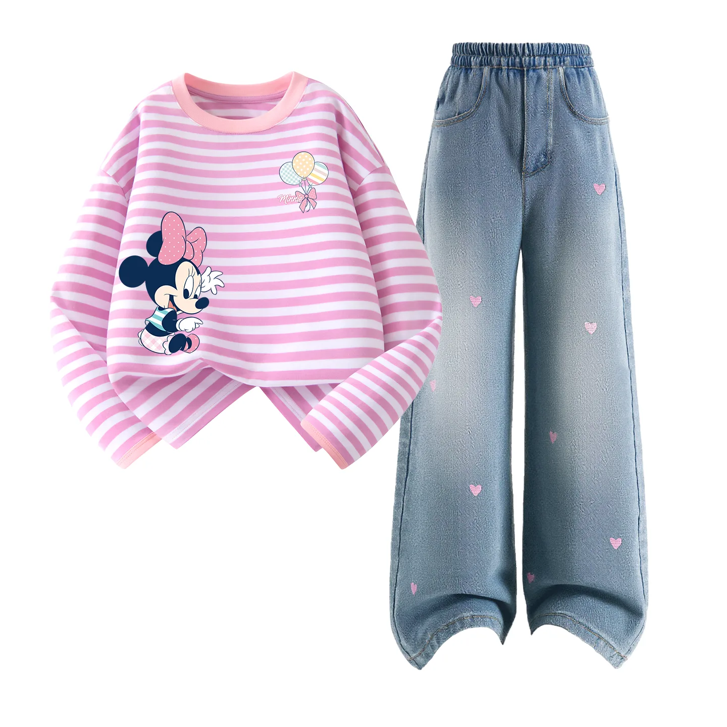 Детская повседневная спортивная футболка с круглым вырезом Disney, Dile Play Pink White Stripes+Solid Color Sea Salt Blue
