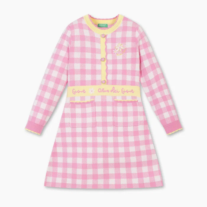 Детское розовое жаккардовое платье в цветочную клетку от Benetton Kids