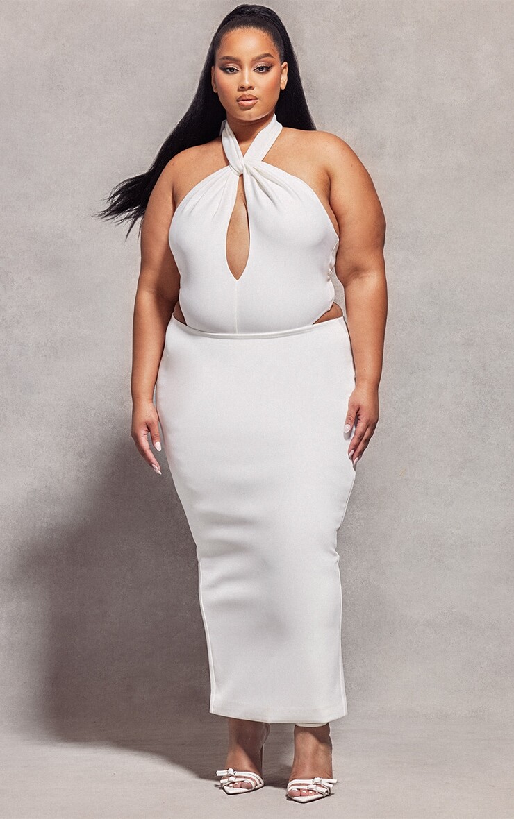 

PrettyLittleThing Плюс белая длинная юбка с низкой посадкой