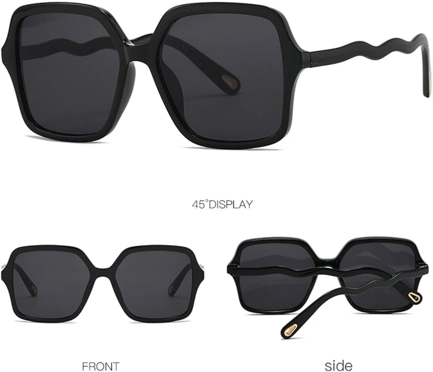 

Большие солнцезащитные очки для женщин, роскошные винтажные панк-очки, популярные очки с волнообразными дужками, защита от УФ-излучения UV400 TKKTLLT, Black Black