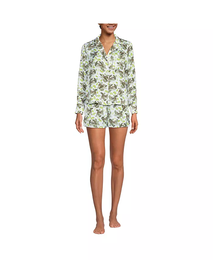 

Женский пижамный комплект из двух предметов из матового атласа: топ с длинным рукавом и шорты Lands' End, белый