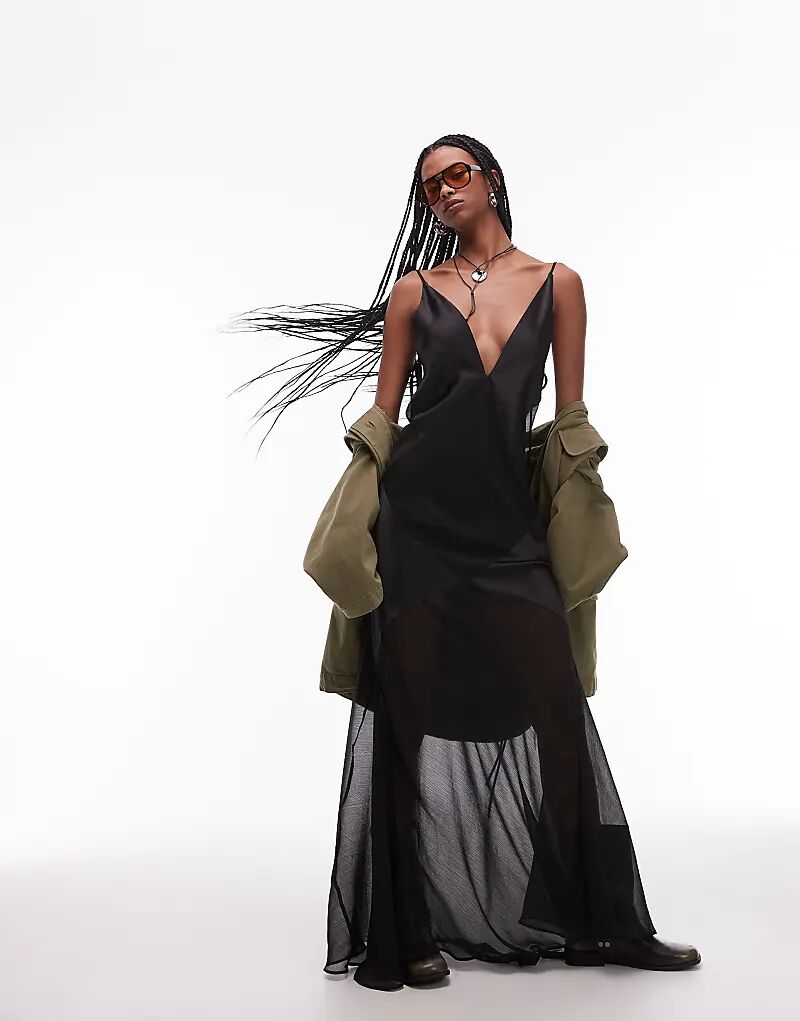

Платье-комбинация макси с прозрачными атласными вставками ASOS DESIGN черного цвета
