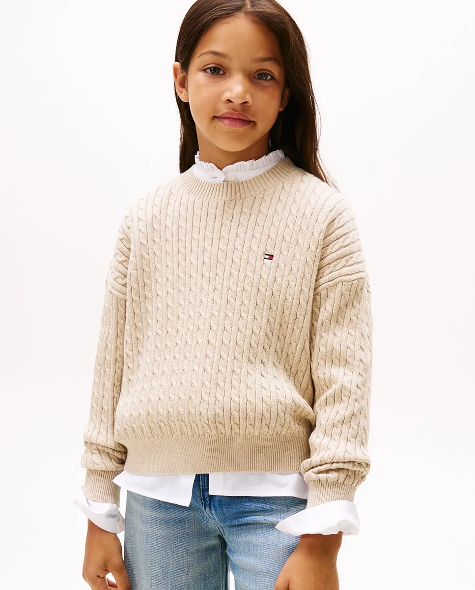 

Детский джемпер с круглым вырезом и ажурной вязкой Tommy Hilfiger, бежевый