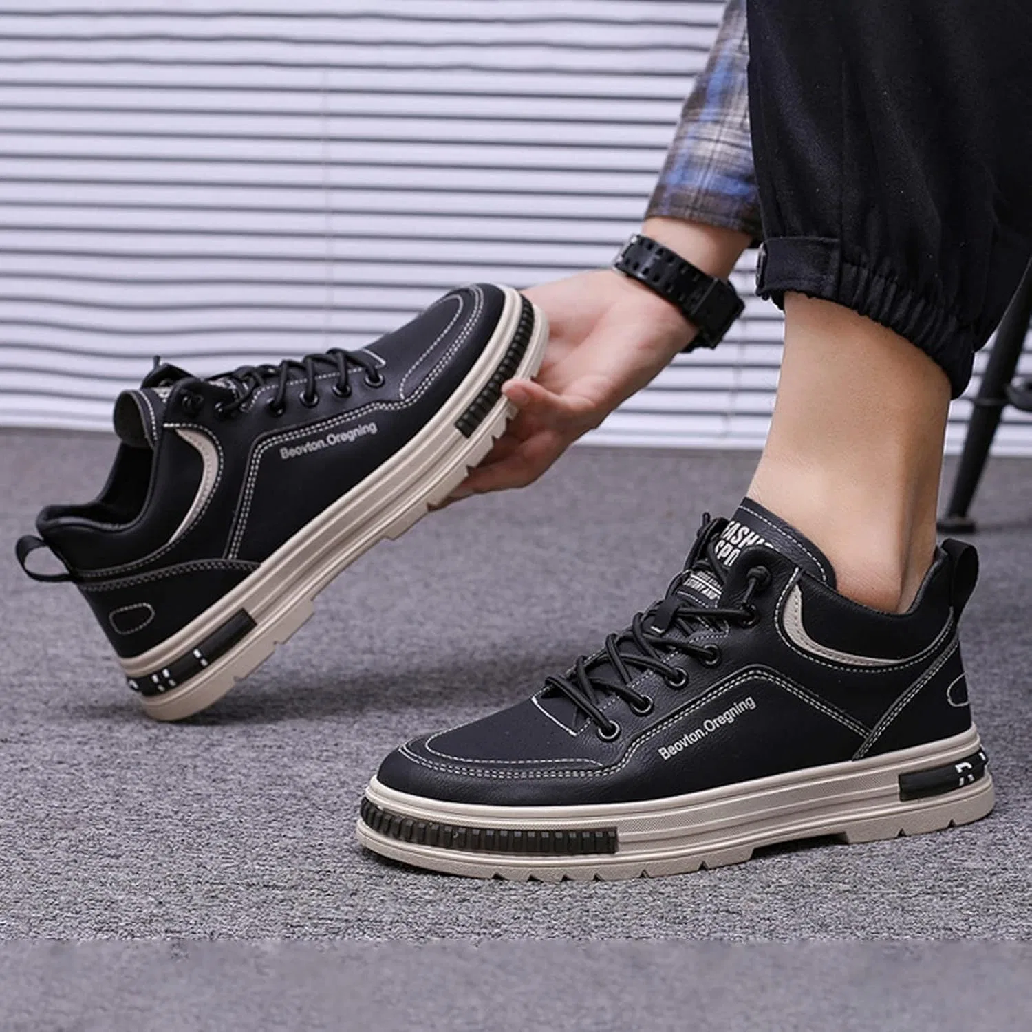 Мужская обувь, размер 48, прочная, повседневная, плоская, из искусственной кожи, модная обувь на шнуровке для отдыха, походные ботинки, размер 45 Generic, Schwarz — фото 2