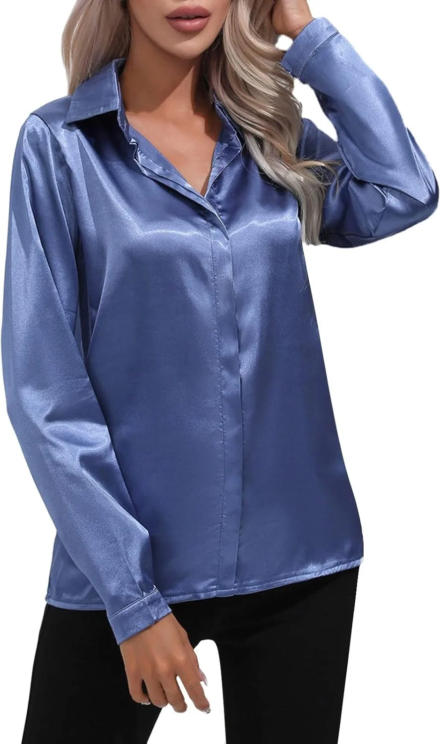 Блуза с воротником, satin imitation silk, синий
