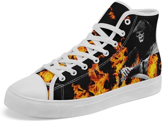 

Высокие кеды AWSOLE с черепом из холщовой ткани для мужчин и женщин, шнуровка, модная унисекс, с рисунком пламени, повседневные плоские туфли, черные и белые